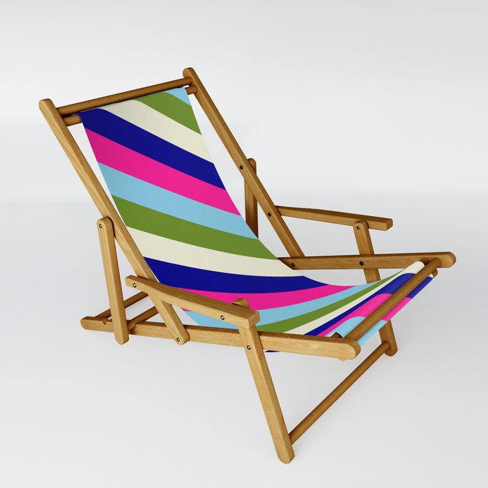 Vibrant Sky Blue, Green, Beige, Dark Blue & Deep Pink Colored Striped/Lined Pattern Sling Chair