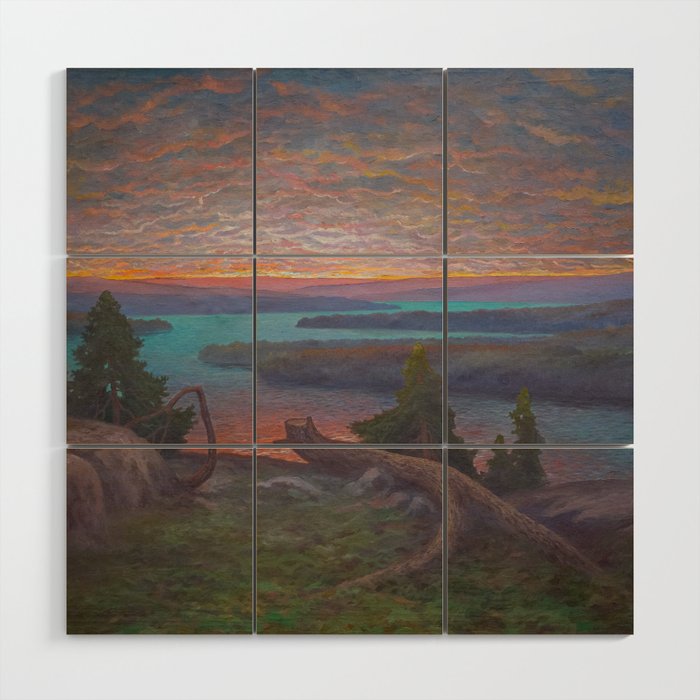 Mountain Lake View at Sunset landscape painting Wood Wall Art