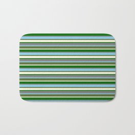 [ Thumbnail: Vibrant Grey, Sky Blue, Dark Olive Green, Beige, and Dark Green Colored Lined/Striped Pattern Bath Mat ]