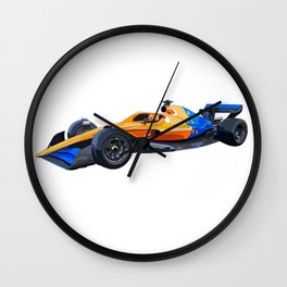 Formula one orange and blue race car Wall Clock