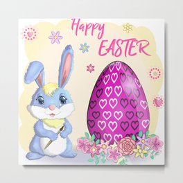 Happy Easter - Adorable Bunny With Easter Egg Metal Print | Easterholid, Easter2022, Adorablebunny, Digital, Eastertime, Cap, Bunnywithegg, Holiday, Easteregg, Ay 
