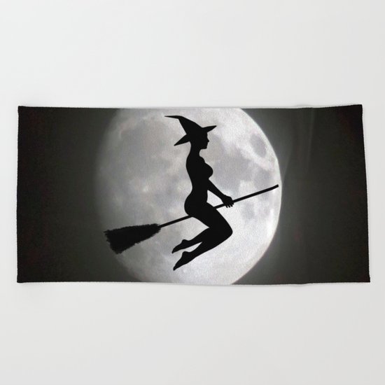 Witch On a Broom Against the Moon Beach Towel