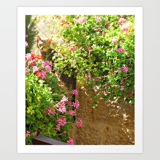Cat and Flowers Art Print