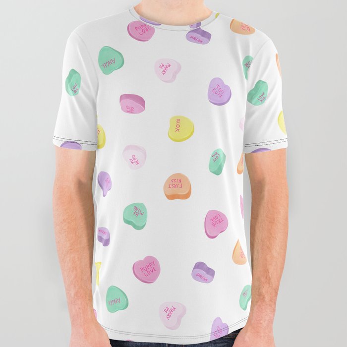 Valentines Day Conversation Heart Candies Pattern - White All Over Graphic Tee