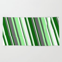 [ Thumbnail: White, Green, Dim Gray, and Dark Green Colored Lines Pattern Beach Towel ]
