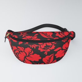 Red Roses on Black Background Floral Pattern Fanny Pack