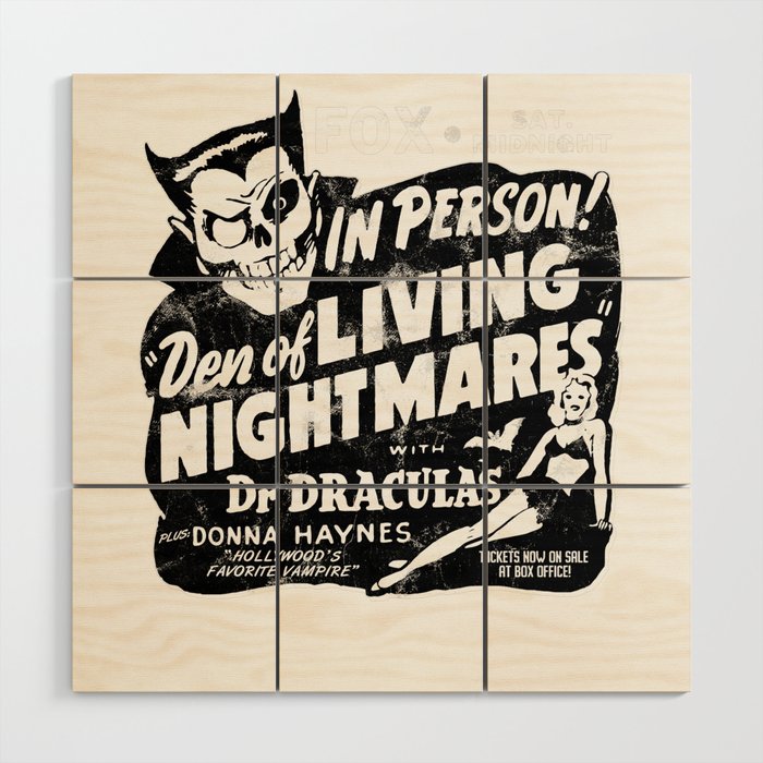 Den of Living Nightmares vintage spook show poster art Wood Wall Art