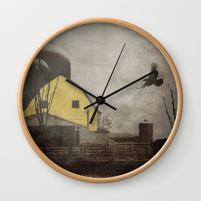 Yellow Barn on Sepia Background With Birds Flying A170 Wall Clock