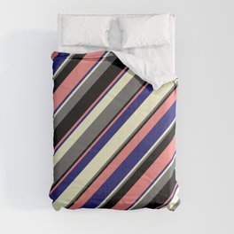 [ Thumbnail: Eye-catching Light Coral, Midnight Blue, Light Yellow, Dim Grey, and Black Colored Striped Pattern Comforter ]