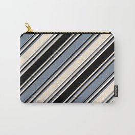 [ Thumbnail: Beige, Black & Light Slate Gray Colored Stripes/Lines Pattern Carry-All Pouch ]