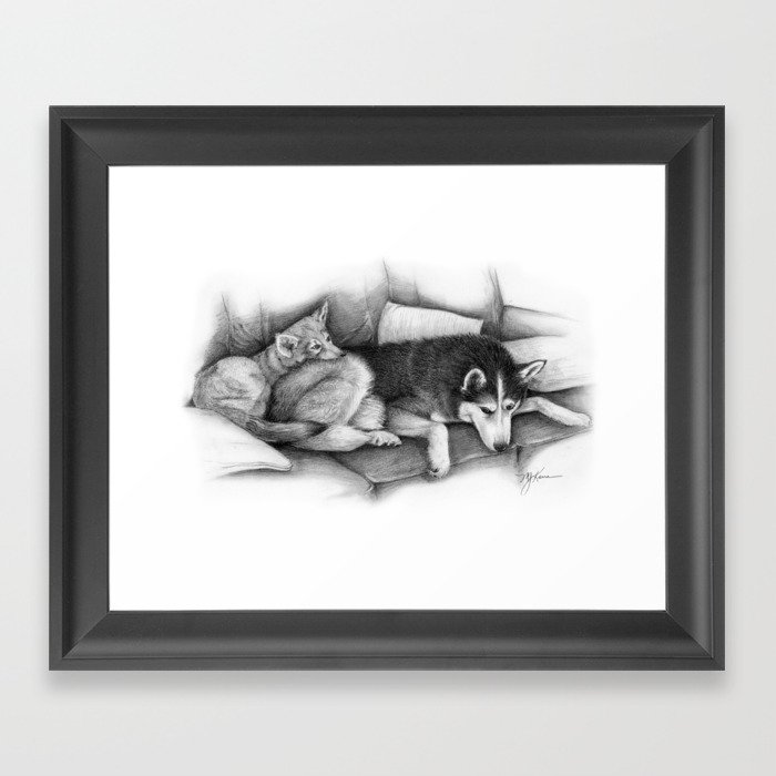 Husky and Wolf Pup Chilling Framed Art Print