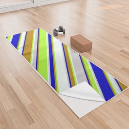 [ Thumbnail: Colorful Light Gray, Mint Cream, Light Green, Dark Goldenrod, and Blue Colored Striped/Lined Pattern Yoga Towel ]