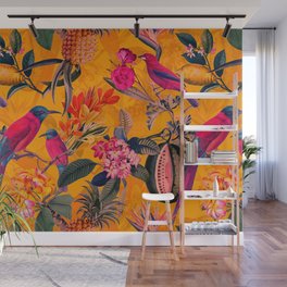 Vintage And Shabby Chic - Colorful Summer Botanical Jungle Garden Wall Mural | Curated, Botanical, Antique, Summer, Pattern, Flowers, Birds, Boho, Exotic, Yellowandpink 