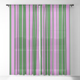 [ Thumbnail: Orchid & Dark Green Colored Striped Pattern Sheer Curtain ]