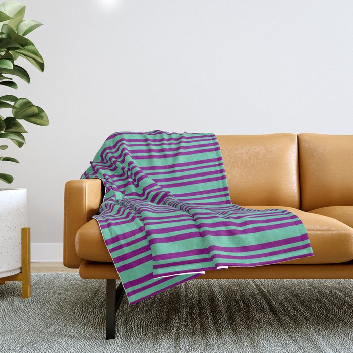 Aquamarine & Purple Colored Striped/Lined Pattern Throw Blanket