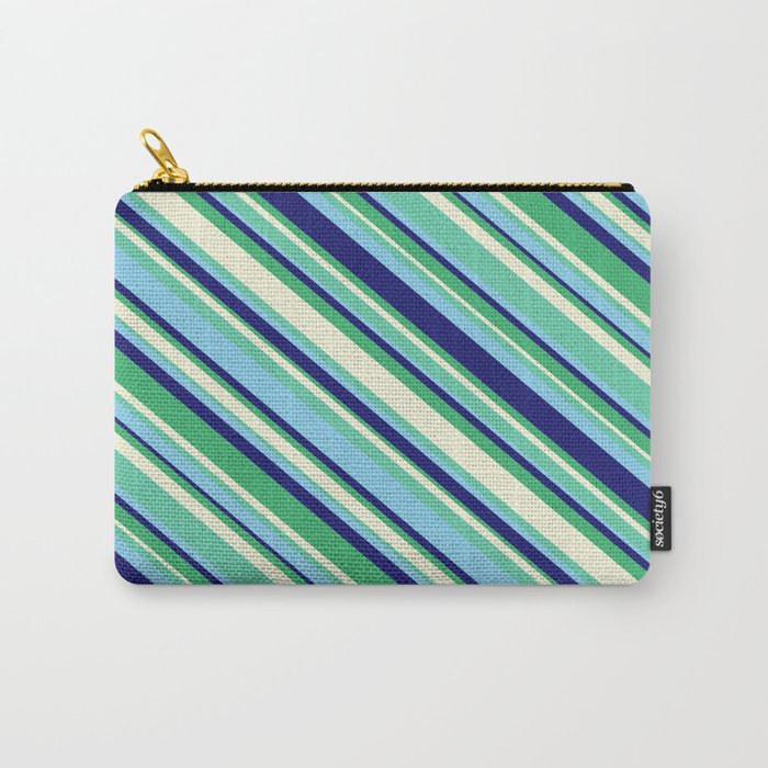 Eyecatching Aquamarine, Sky Blue, Midnight Blue, Sea Green & Beige Colored Striped/Lined Pattern Carry-All Pouch