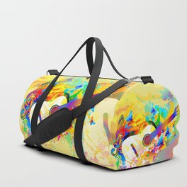 Music instruments colorful painting, guitar, treble clef, butterfly Duffle Bag