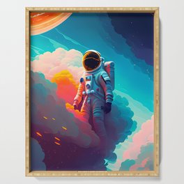 Astronaut standing alone in space clouds Serving Tray
