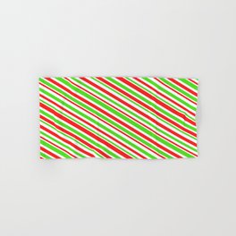 [ Thumbnail: Christmas-Themed Green, White, and Red Colored Lines/Stripes Pattern Hand & Bath Towel ]