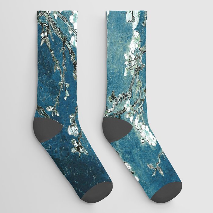Van Gogh Almond Blossoms : Dark Teal Socks
