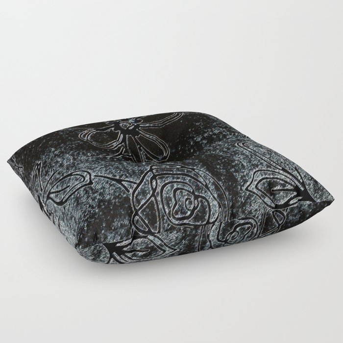 Black grey abstract flowers vintage velvet look design Floor Pillow