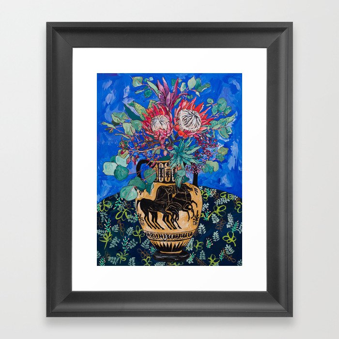 Painterly Bouquet of Proteas in Greek Horse Urn on Blue Framed Art Print