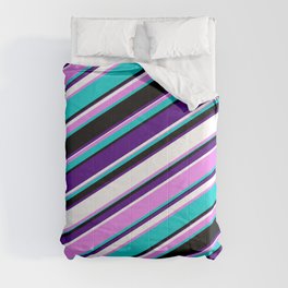 [ Thumbnail: Eyecatching Violet, Dark Turquoise, Black, Indigo & White Colored Lines/Stripes Pattern Comforter ]