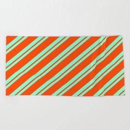 [ Thumbnail: Aquamarine and Red Colored Stripes Pattern Beach Towel ]