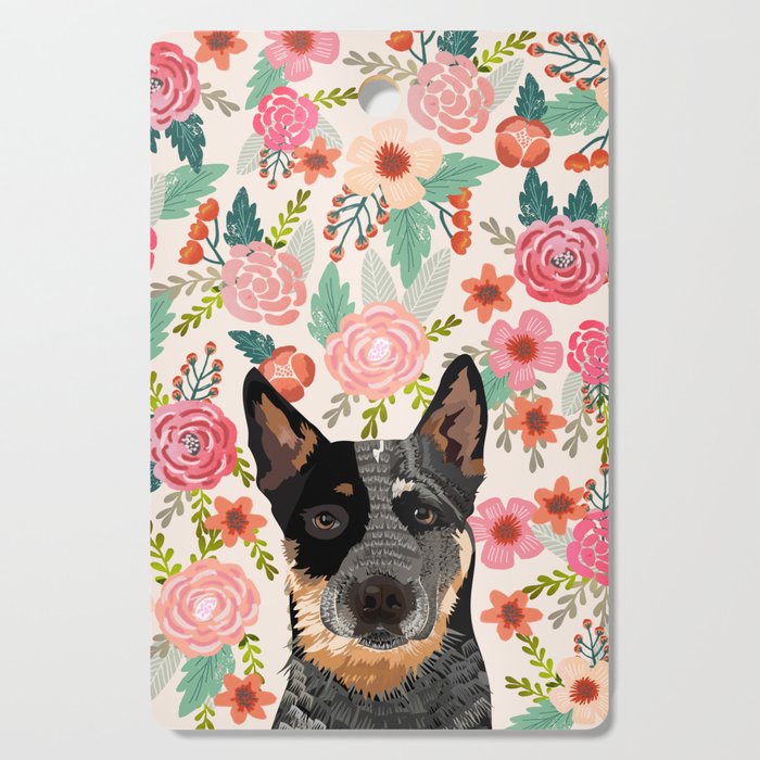 Australian Cattle Dog blue heeler floral pet portrait art print and dog gifts Cutting Board