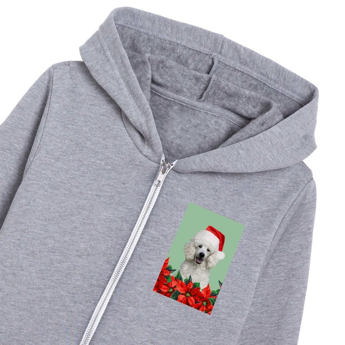 Poodle Santa Claus - Red Poinsettia Christmas Flowers Kids Zip Hoodie