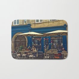 Sunday morning at the Cafe in Strasbourg Bath Mat | Coffee, Umbrellas, France, French, Blue, Color, Cafe, Photo, Historic, Digital 