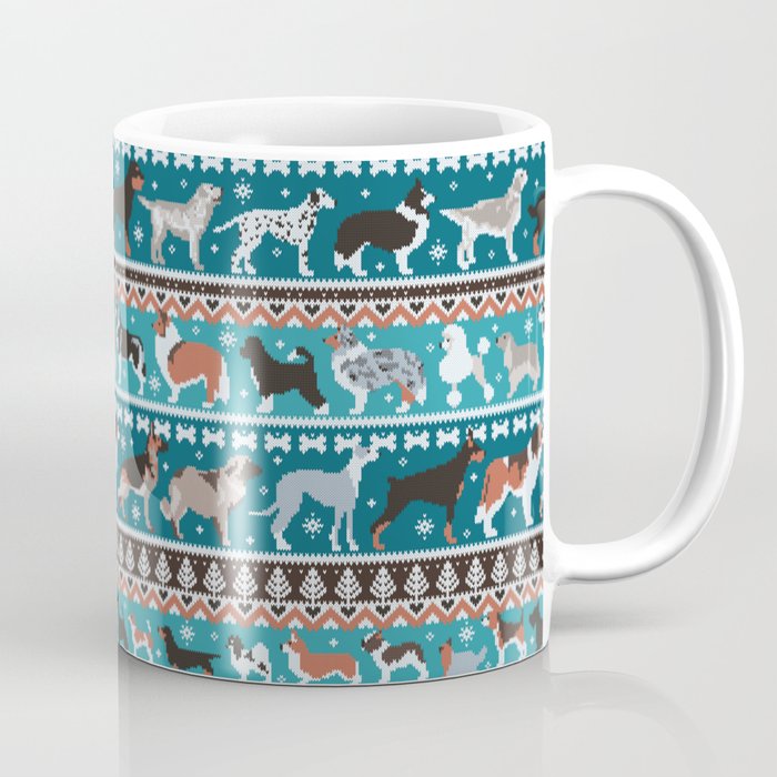 Fluffy and bright fair isle knitting doggie friends // teal background brown orange white and grey dog breeds  Coffee Mug