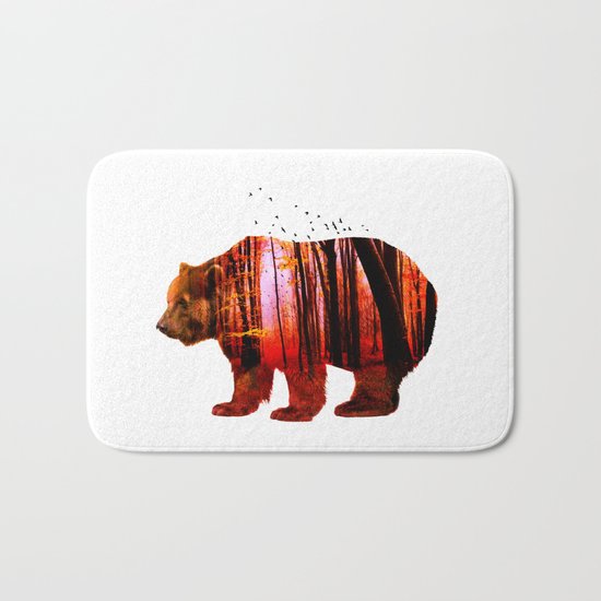 Bear in red forest Bath Mat