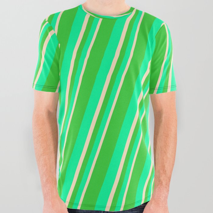 Lime Green, Green & Bisque Colored Stripes Pattern All Over Graphic Tee