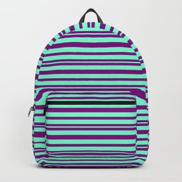 [ Thumbnail: Purple & Aquamarine Colored Pattern of Stripes Backpack ]