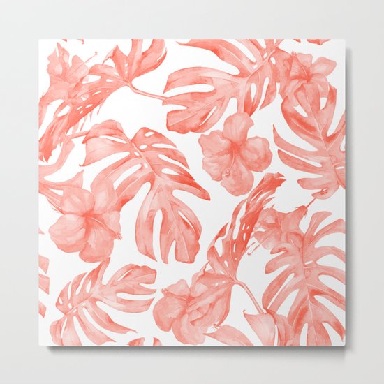 Tropical Hibiscus and Palm Leaves Dark Coral White Metal Print