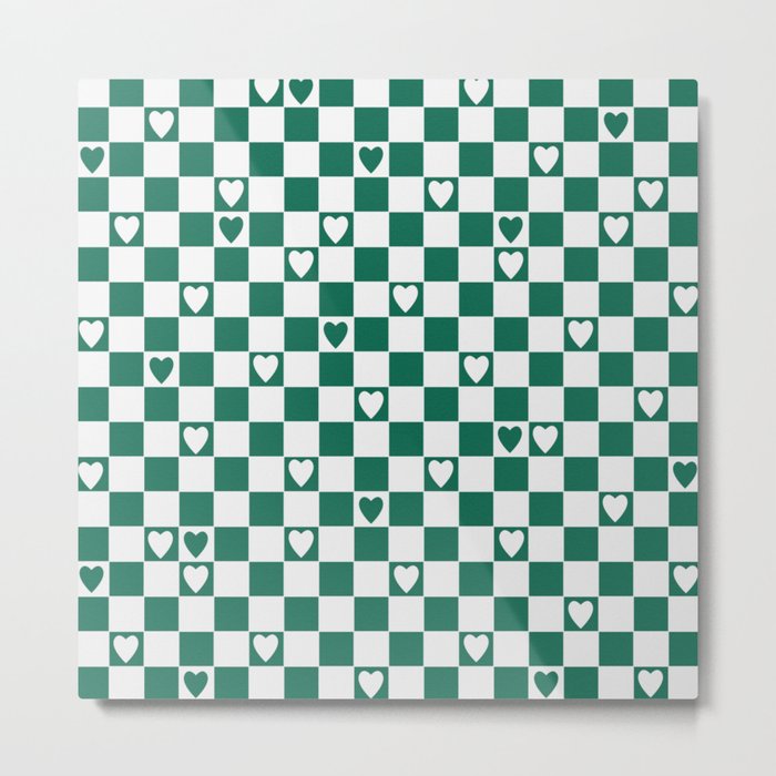 Checkered hearts teal and white Metal Print