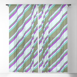 [ Thumbnail: Turquoise, Dark Olive Green, Dark Violet & Light Cyan Colored Striped/Lined Pattern Sheer Curtain ]