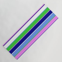 [ Thumbnail: Cornflower Blue, Lime Green, Violet, Dark Blue & White Colored Stripes/Lines Pattern Yoga Mat ]