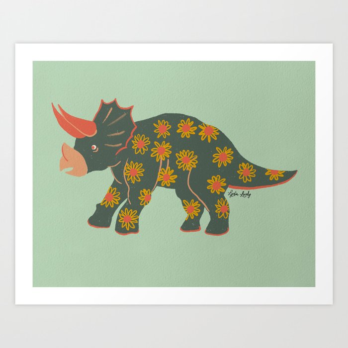 Friendly dinosaur triceratops- green background Art Print
