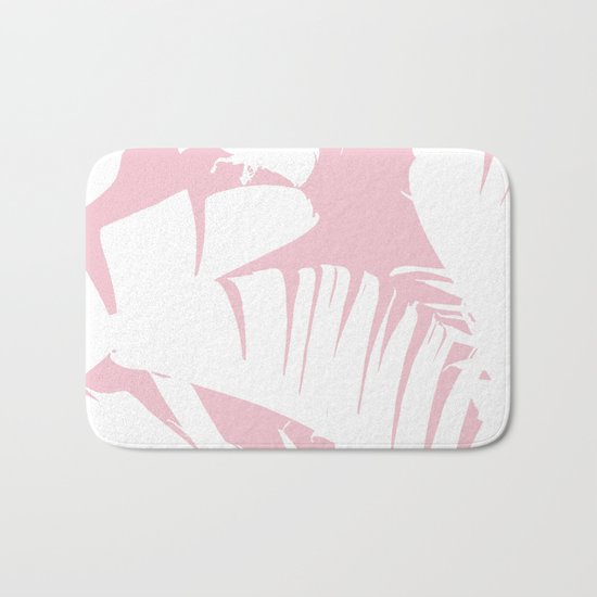 White on Pink Tropical Banana Leaves Pattern Bath Mat