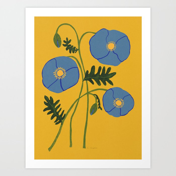 Blue Poppies on Yellow Background Art Print