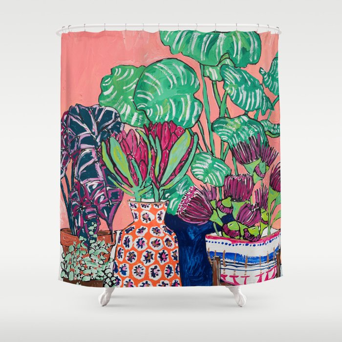 Cluster of Houseplants and Proteas on Pink Still Life Painting Shower Curtain