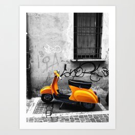 Orange Vespa in Bologna Black and White Photography Art Print