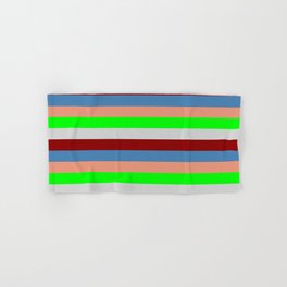 [ Thumbnail: Eye-catching Dark Salmon, Lime, Light Gray, Dark Red, and Blue Colored Lined Pattern Hand & Bath Towel ]
