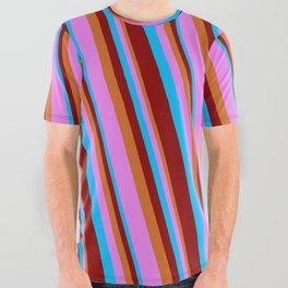 [ Thumbnail: Deep Sky Blue, Dark Red, Chocolate & Violet Colored Lines/Stripes Pattern All Over Graphic Tee ]
