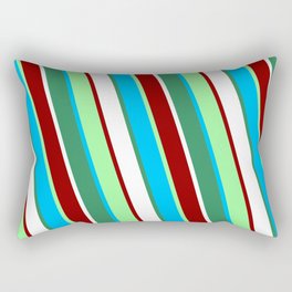[ Thumbnail: Vibrant Green, Deep Sky Blue, Sea Green, White & Dark Red Colored Lines Pattern Rectangular Pillow ]