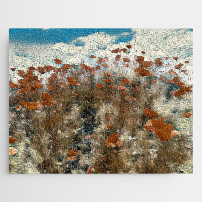 VIntage blooming red poppy field summer landscape digital painting Jigsaw Puzzle