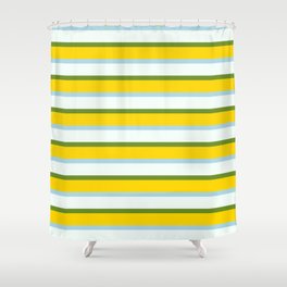 [ Thumbnail: Green, Yellow, Light Blue & Mint Cream Colored Stripes/Lines Pattern Shower Curtain ]