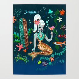 Blonde Leopard Martini Mermaid Poster